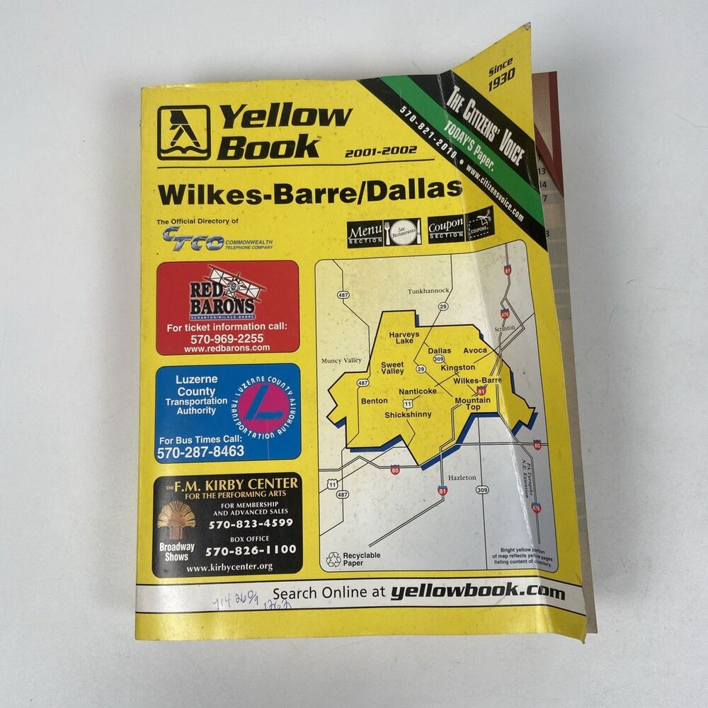 Yellow Pages Yellowbook Wilkes-Barre Dallas PA Phone Book 2001 Local Directory